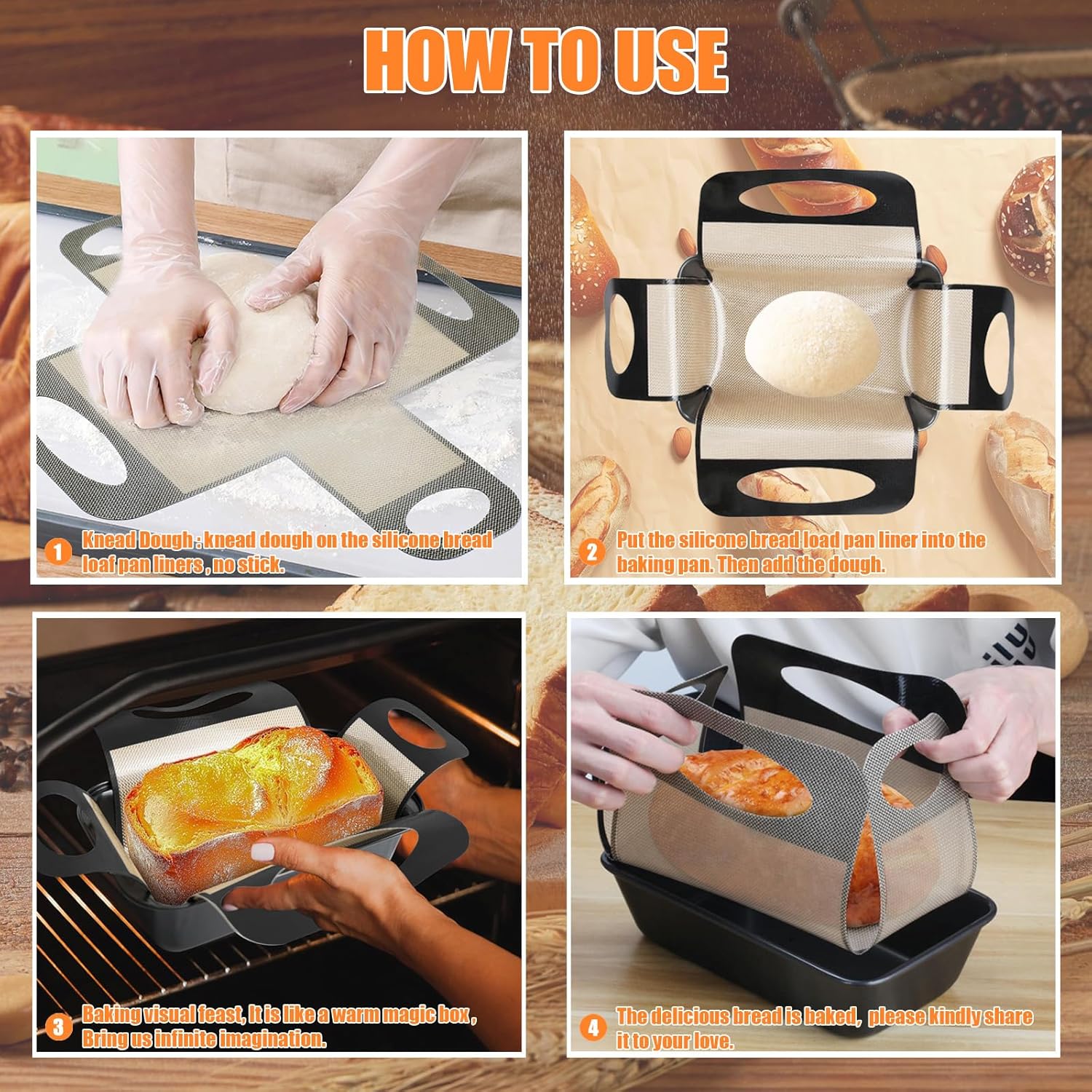 2Pcs Reusable Silicone Bread Loaf Pan Liner, Food-Grade Silicone Bread Sling, Sourdough Bread Baking Mat, Loaf Pan Lifters, Non-Stick&Easy Clean Dough Transfer Tool, Fits 9x5 or 1.5lb Loaf Pans,Black