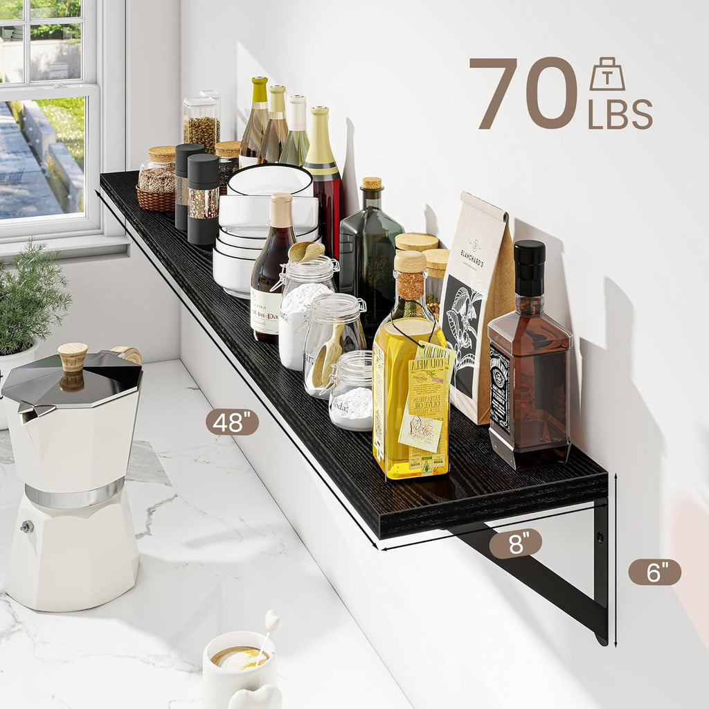Dreamland Deep Floating Shelves for Wall, 48W x 8D Wall Mounted Shelves Set of 2, Wide Display Ledge Shelf with Sturdy Metal Brackets for Living Room, Bathroom, Bedroom and Kitchen, Black