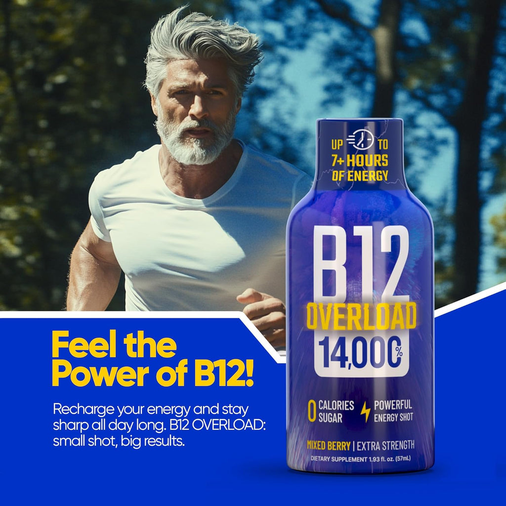 B12 Overload Extra Strength Energy Shot – Mixed Berry – 260mg Caffeine, 14000% B12, Electrolytes – Energy & Vitality Support – Zero Sugar No Calories – Vegan, Kosher, Gluten-Free – 1.93 fl oz, 12-Pack