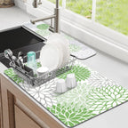 Findosom 2PCS 12" x 20" Dish Drying Mat & 24" x 5.5" Sink Splash Guard, Super Absorbent & Cuttable Dish Mat Drying Kitchen Mat with Green Floral, Hide Stain Drying Mat for Kitchen Counter