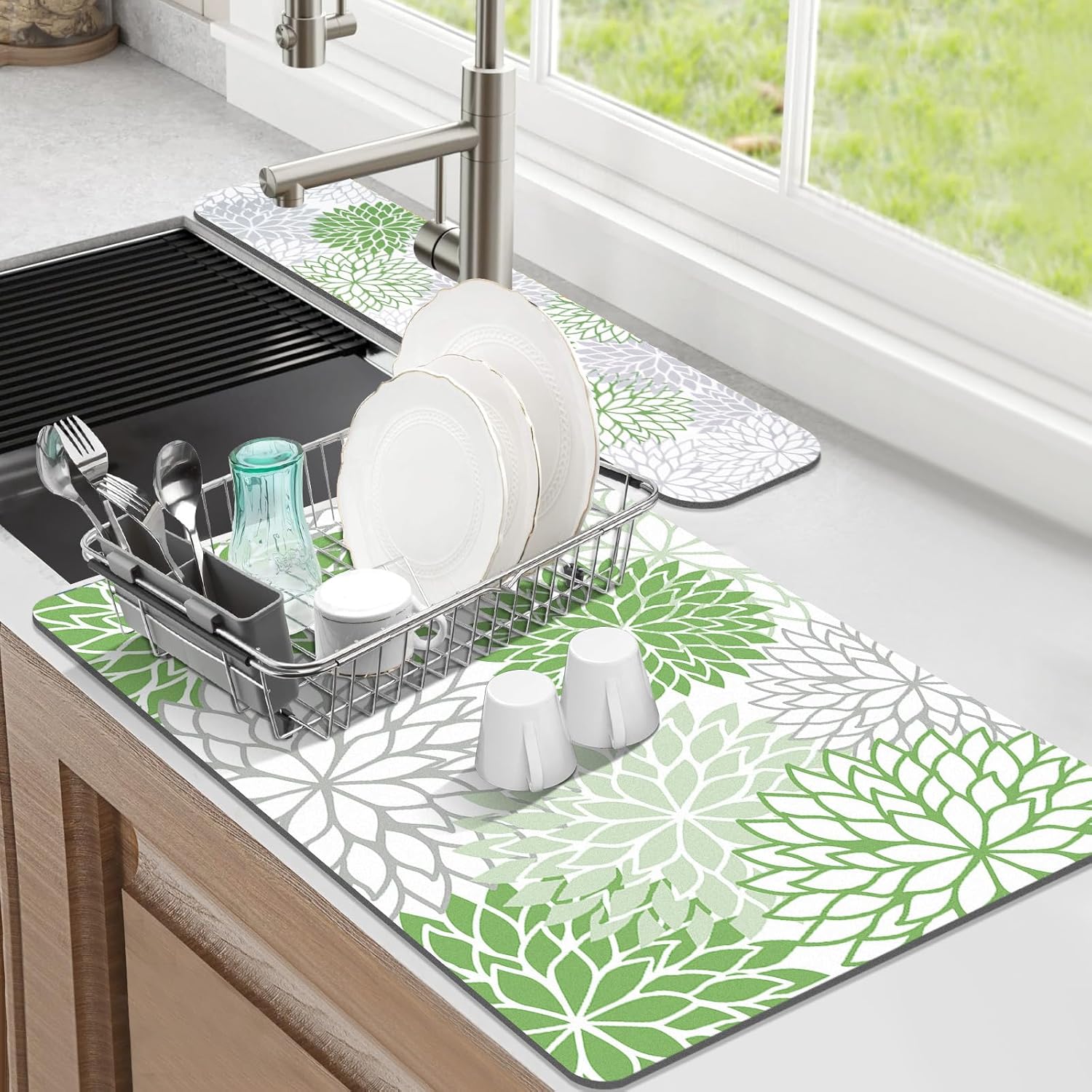 Findosom 2PCS 16" x 24" Dish Drying Mat & 24" x 5.5" Sink Splash Guard, Super Absorbent & Cuttable Dish Mat Drying Kitchen Mat with Green Floral, Hide Stain Drying Mat for Kitchen Counter