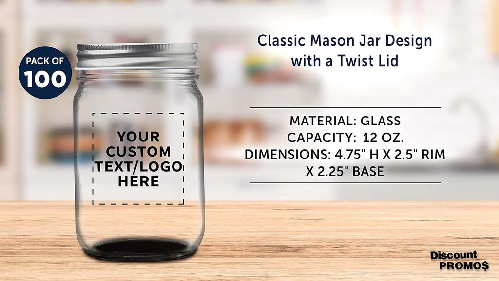 DISCOUNT PROMOS 100 Decorating Mason Jars Set, 12 oz. - Customizable Text, Logo - Canning, Aluminum Lid - Black