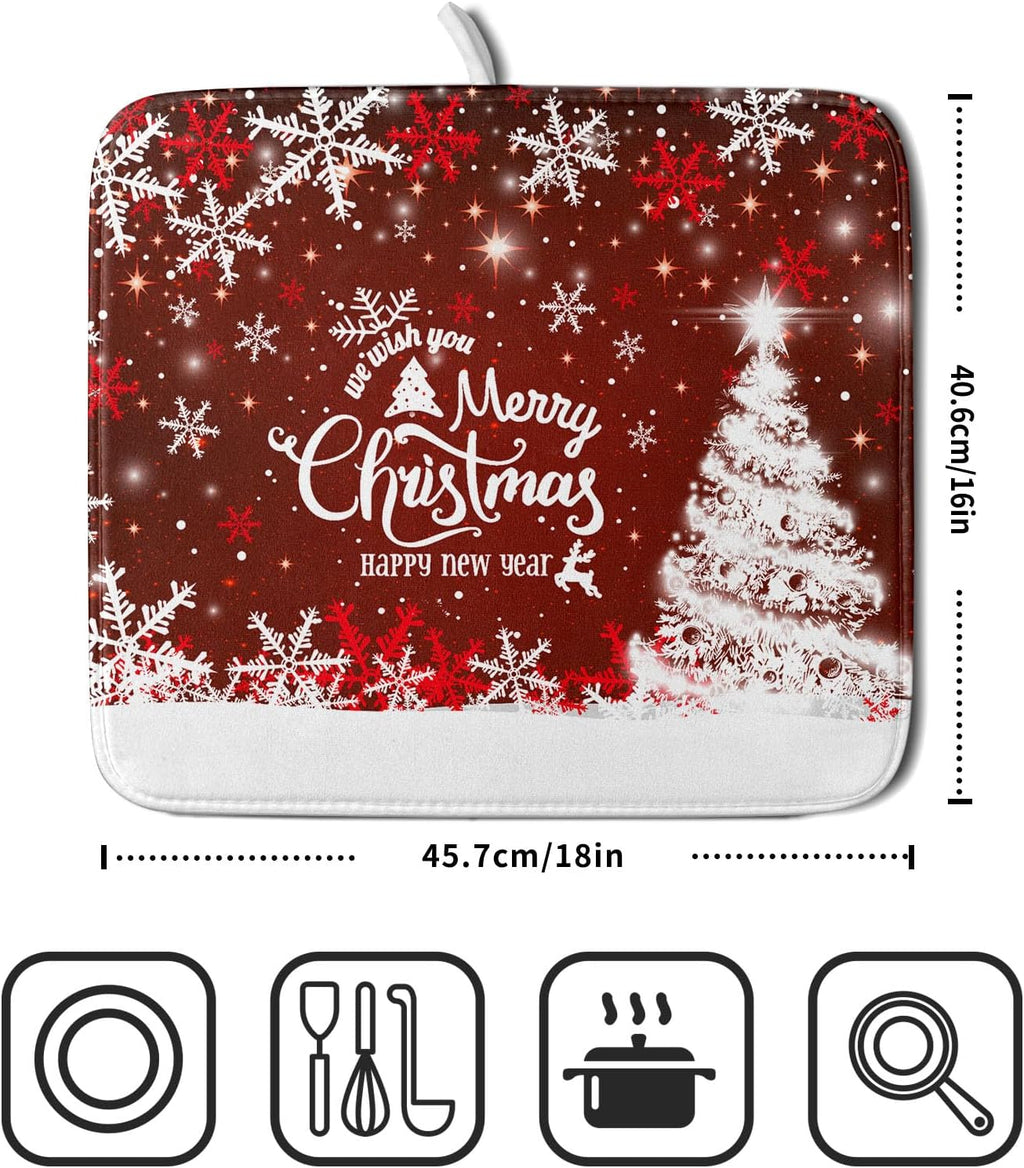 Happy New Year Red Dish Drying Mat for Kitchen Counter,Merry Christmas Tree Snowflake Drying Mat 16 x 18 Inch with High Absorbent Reversible Microfiber Dish Drying Pad Drainer Mat for Coffee Bar