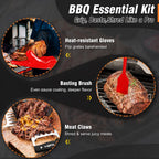 Walfos Silicone BBQ Gloves - Heat Resistant Grilling Gloves Set with Pork Shredder Claws & Brush, Non-Slip Kitchen Silicone Oven Mitt with Protective Cotton Layer, Suit for Indoor & Outdoor, Red