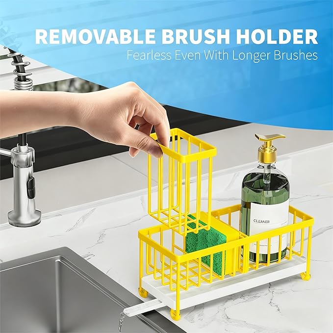 Cisily Yellow Sponge Holder for Kitchen Sink, Sink Caddy Organizer with High Brush Holder, Kitchen Countertop Organizers and Storage Essentials, Yellow Kitchen Decor and Accessories