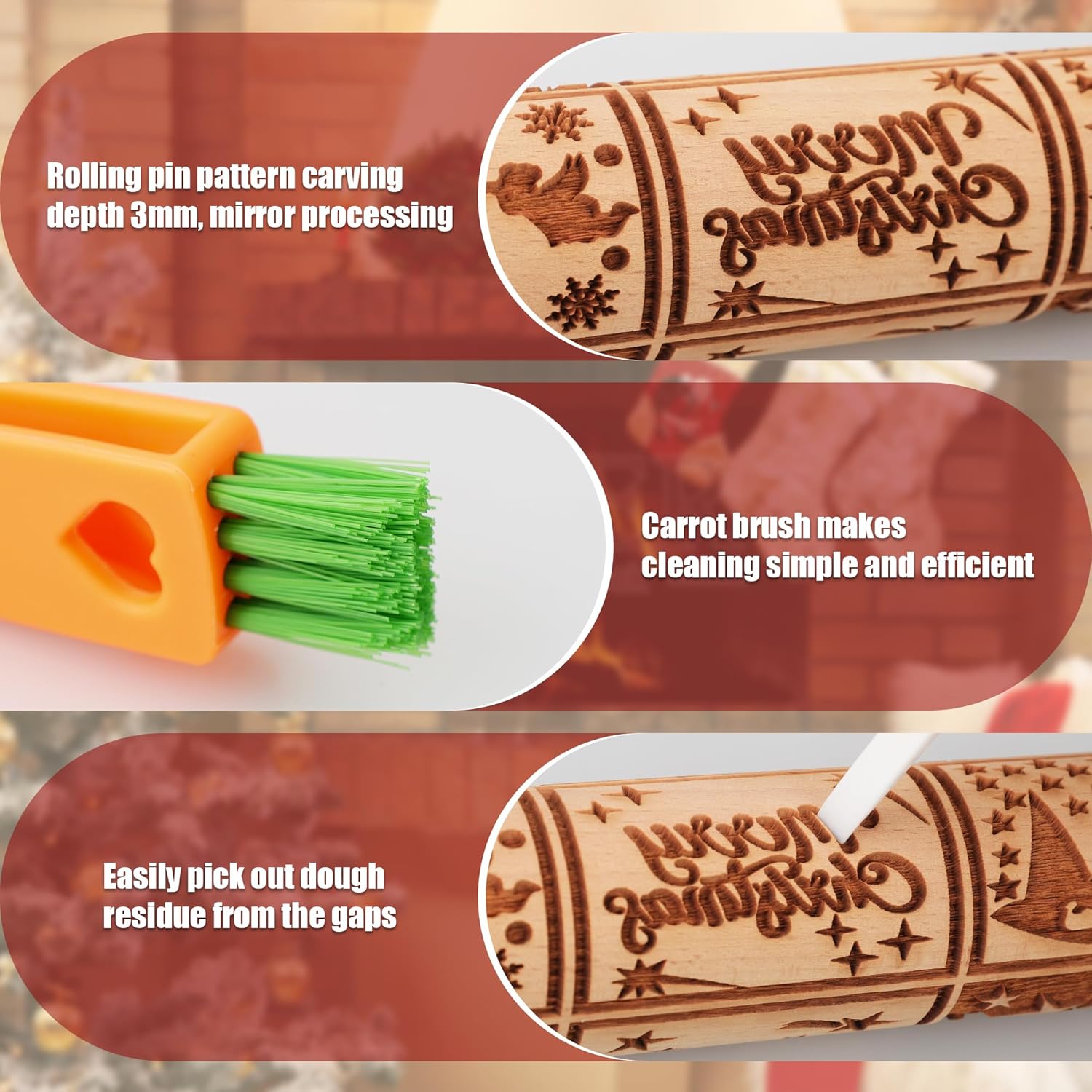 17" Premium Wood Rolling Pin with Nativity Embossed Designs | 3mm Deep Springerle Cookie Molds | Christmas Rolling Pin & Baking Gifts for Women | Includes 3-in-1 Cleaning Brush ﻿