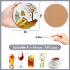 Drink Coasters Set of 6 with Holder,Golden Deer Forest Mountain Absorbent Ceramic Coasters with Cork Base,Fit All Cups,Tabletop Protection Mat for Mugs and Cups,Office,Kitchen