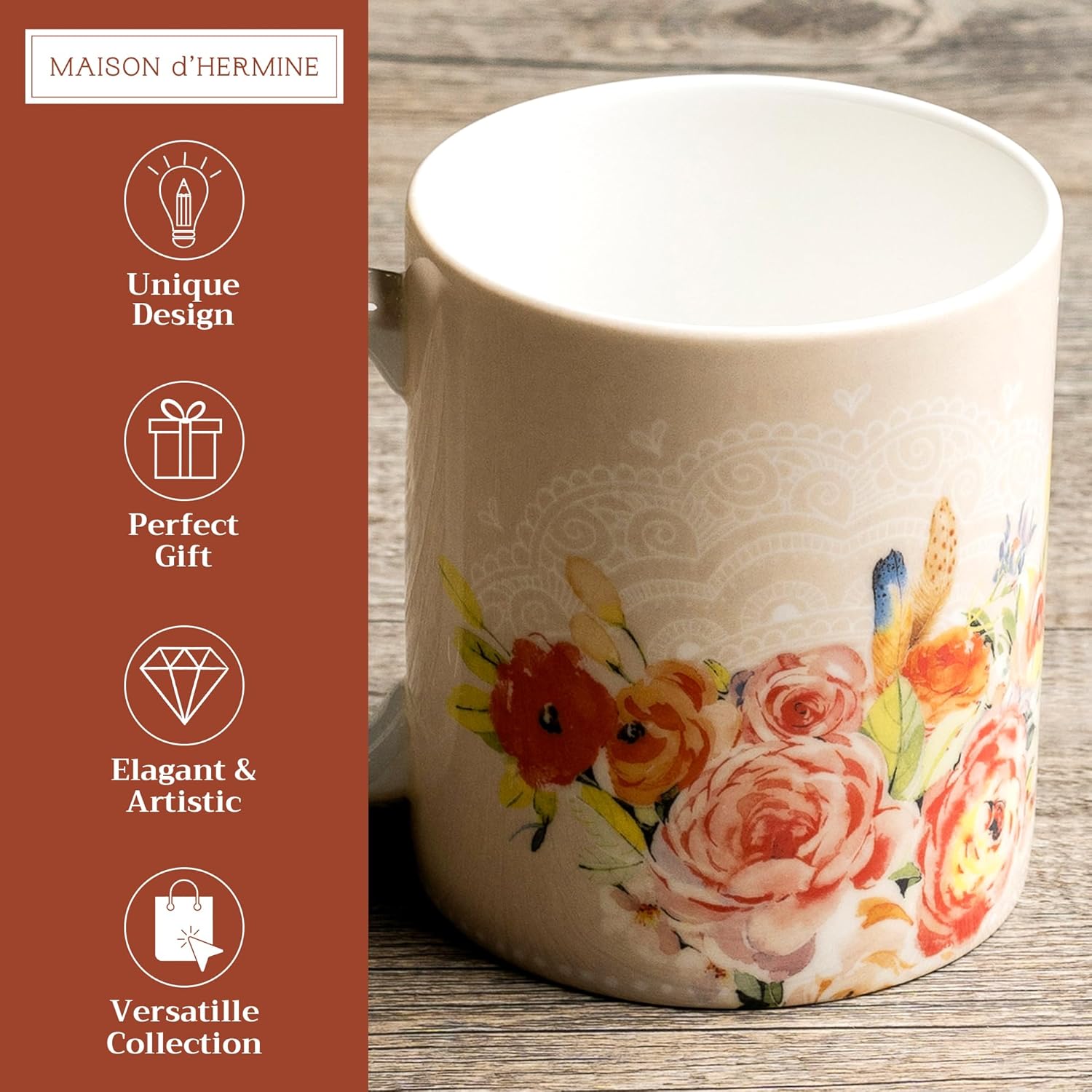 Maison d' Hermine Coffee Mug with Handles Fine Bone China Mugs Pack of One Tea Cups for Hot Beverages Cappuccino Latte Home Restaurant Office Perfect for Gift (Ibiza - Beige - Rose, 15 Ounce)