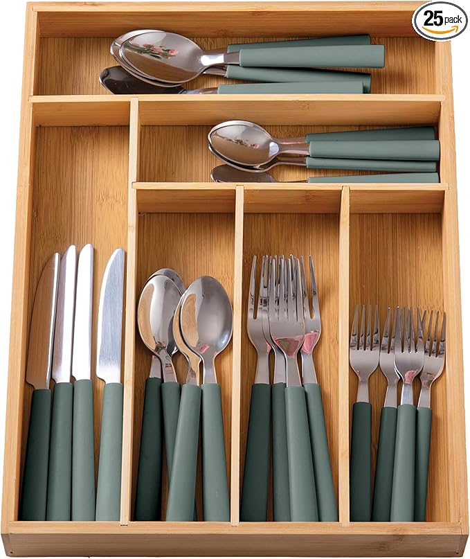 COOK WITH COLOR Bamboo Kitchen Utensil Set with Drawer Organizer | Cooking Tools and Storage Caddy, Sage, 25 Piece Cutlery Set