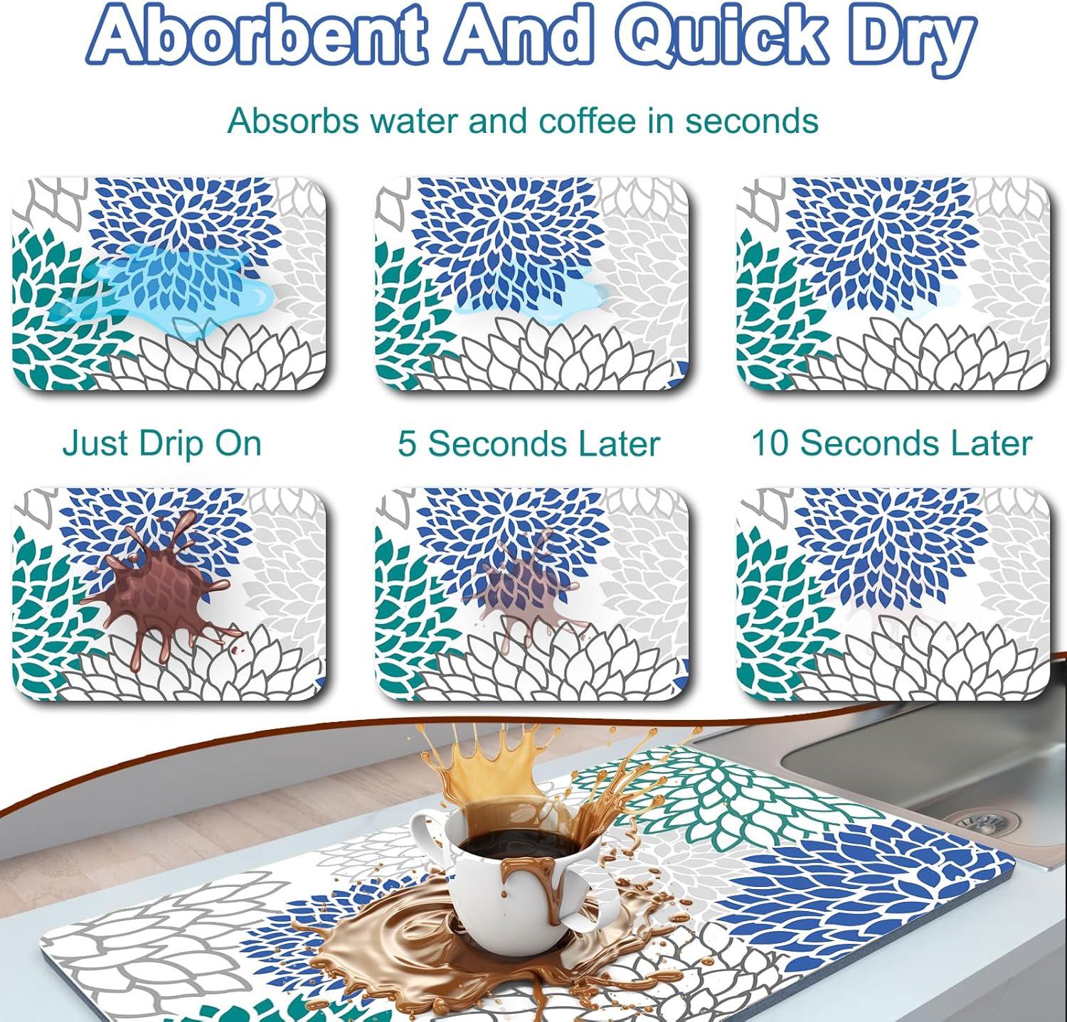 Dish Drying Mat for Kitchen Counter, 12" X 20" Absorbent Coffee Bar Mat Rubber Backing, Easy to Clean Kitchen Drying Matt for Dishes, Utensils, Countertops, Outlined Floral