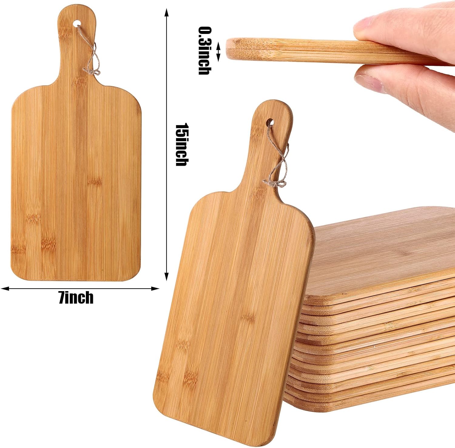 Patelai 12 Packs Wooden Cutting Board Set with Handles Large Kitchen Serving Plain Chopping Board Bulk Gifts for Mom for Vegetables Meat Pizza Cheese Fruit Bread(Bamboo,15 x 7 Inch)
