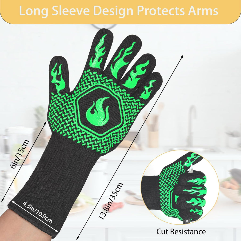 BBQ Fireproof Gloves, Grill Cut-Resistant Gloves 1472°F Heat Resistant Gloves, Non-Slip Silicone Oven Gloves, Kitchen Safe Cooking Gloves for Oven Mitts,Barbecue,Cooking, Frying,13.5 Inch-Green