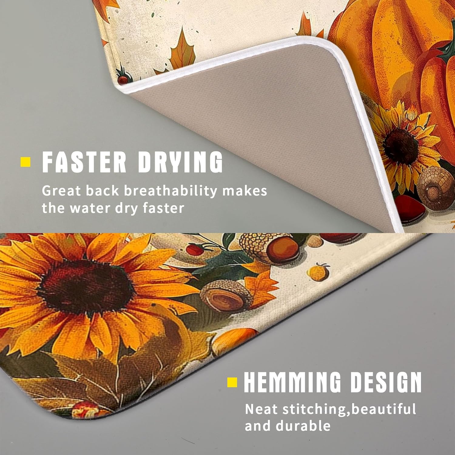 Happy Thanksgiving Day Harvest Dish Drying Mat for Kitchen Counter,Sunflower Maple Leaves Pumpkin Drying Mat 16 x 18 Inch with Absorbent Reversible Microfiber Dish Drying Pad for Coffee Bar