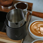 Espresso Pitcher For Latte Art Premium Handleless Design Stainless Steel Pitcher with Leather Sleeve 14oz Milk Frother Jug Gift For Espresso Lovers (Black)