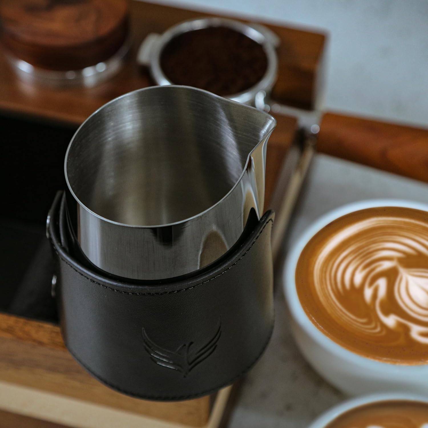 Espresso Pitcher For Latte Art Premium Handleless Design Stainless Steel Pitcher with Leather Sleeve 14oz Milk Frother Jug Gift For Espresso Lovers (Black)