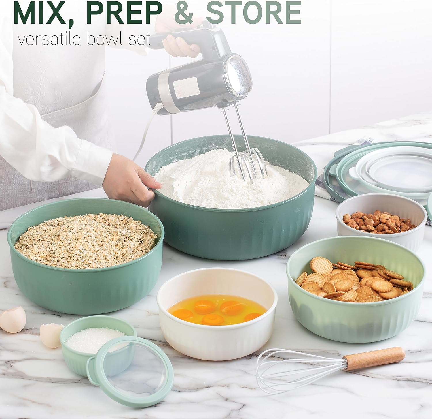 COOK WITH COLOR Prep Bowls with Lids- Wide and Deep Nesting Plastic Small Mixing Bowl Set with Lids, 12 Piece Set - Wide Bowls, Sage