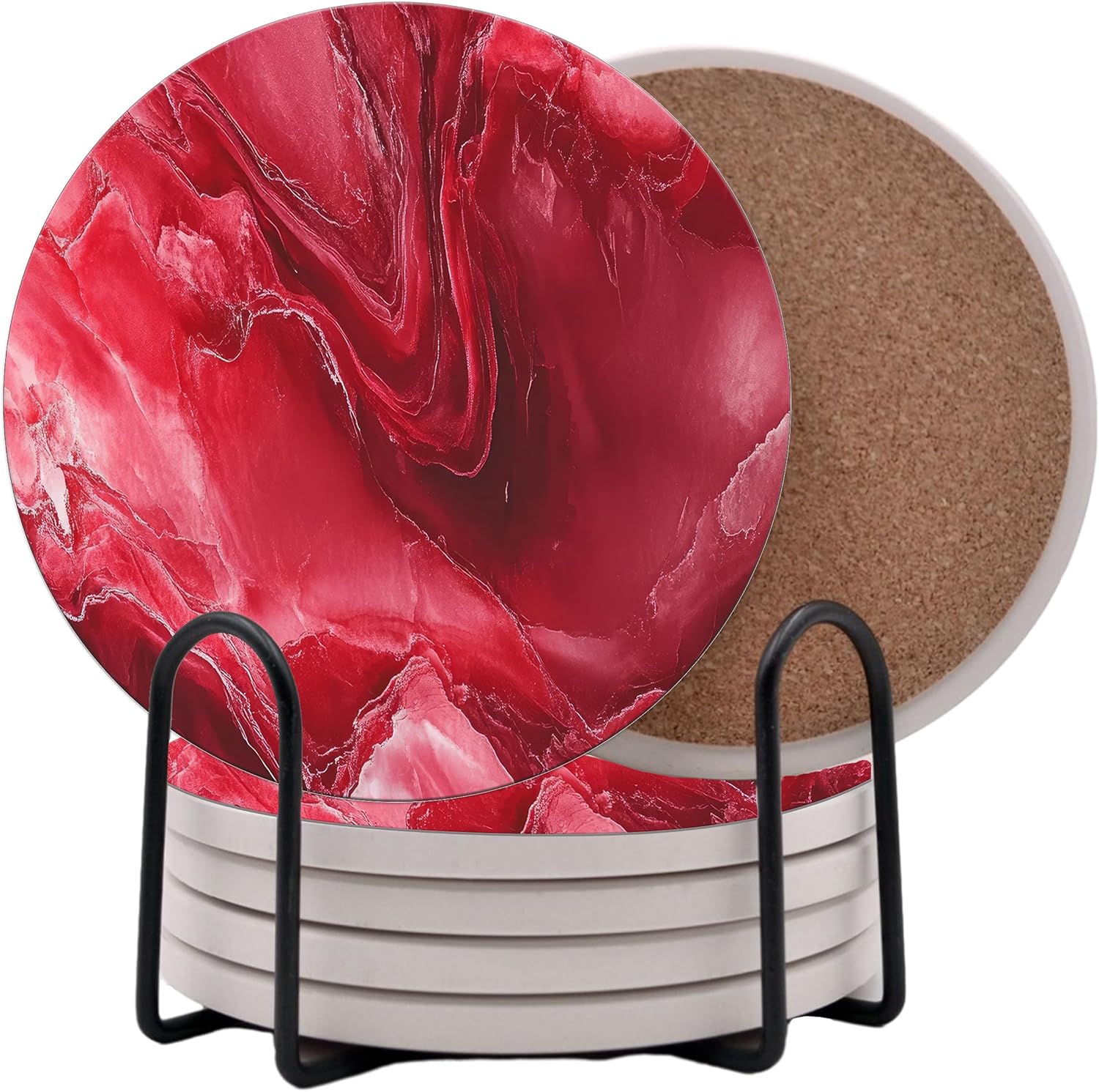 Dark Red Agate Marble Round Coasters Set of 6 - Abosrbent Ceramic Coasters with Metal Stand for Drinks, Coffee, Non-Slip Cork Back for Tabletop Protection, 4 Inches Marbled Pattern (Marble)
