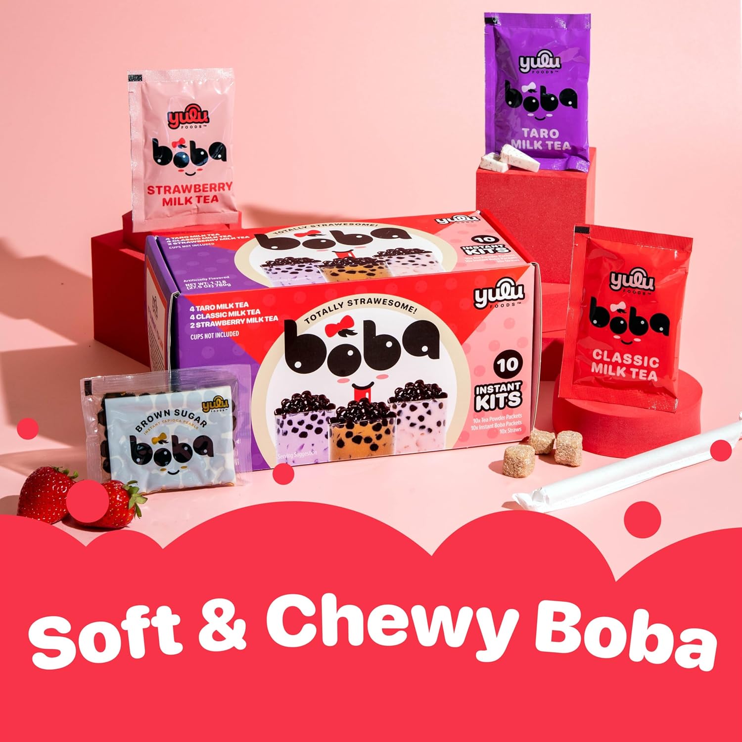 Boba Bundle Kit 10 Serv. Instant Bubble Pearl Variety Milk Tea Kit with Authentic Brown Sugar Tapioca Pearls by Yulu Foods - Ready in Under 1 Minute, Includes Paper Straws - Gift Box, Holiday (Classic, Taro and Strawberry)