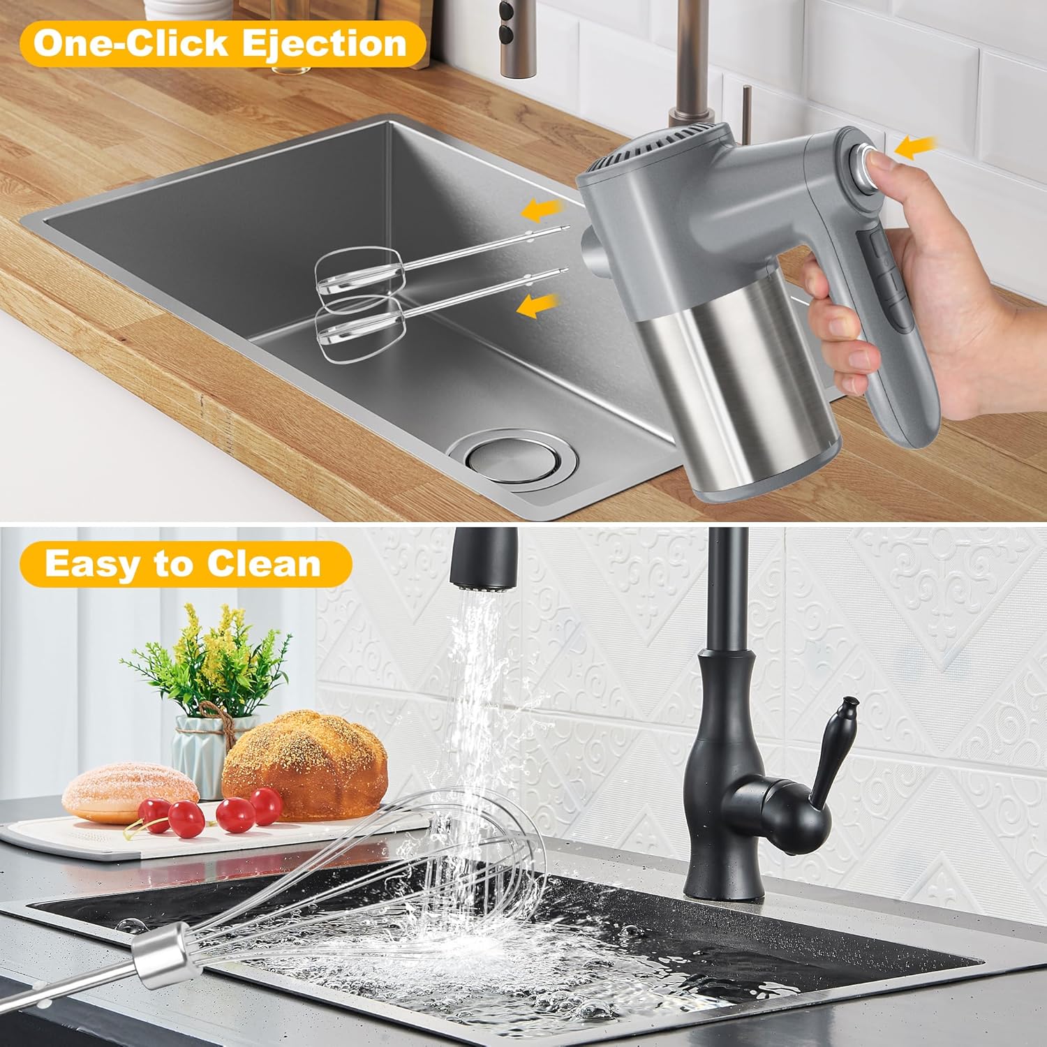 Cordless Hand Mixer, Electric Mixer Handheld Digital Display 7 Speed Rechargeable with 6 Stainless Steel Attachments Whisks Beaters Dough Hooks & Storage Base, Blender for Baking, Eggs, Silver