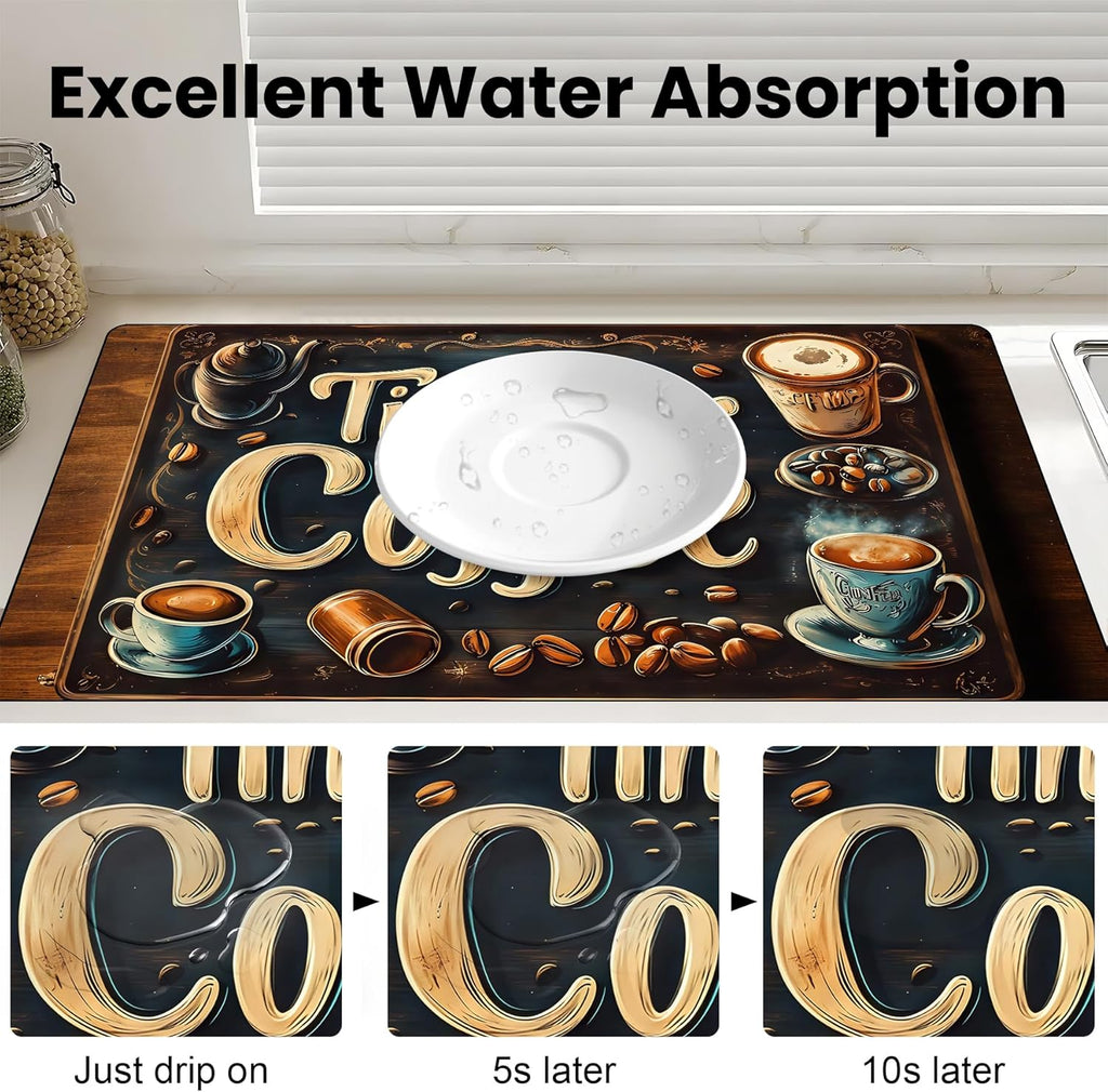 17"x 32" Coffee Bar Mat, Coffee Time Absorbent Dish Drying Mat Cuttable Hide Stain Draining Table Pad for Kitchen Counter, Coffee Bar Accessories