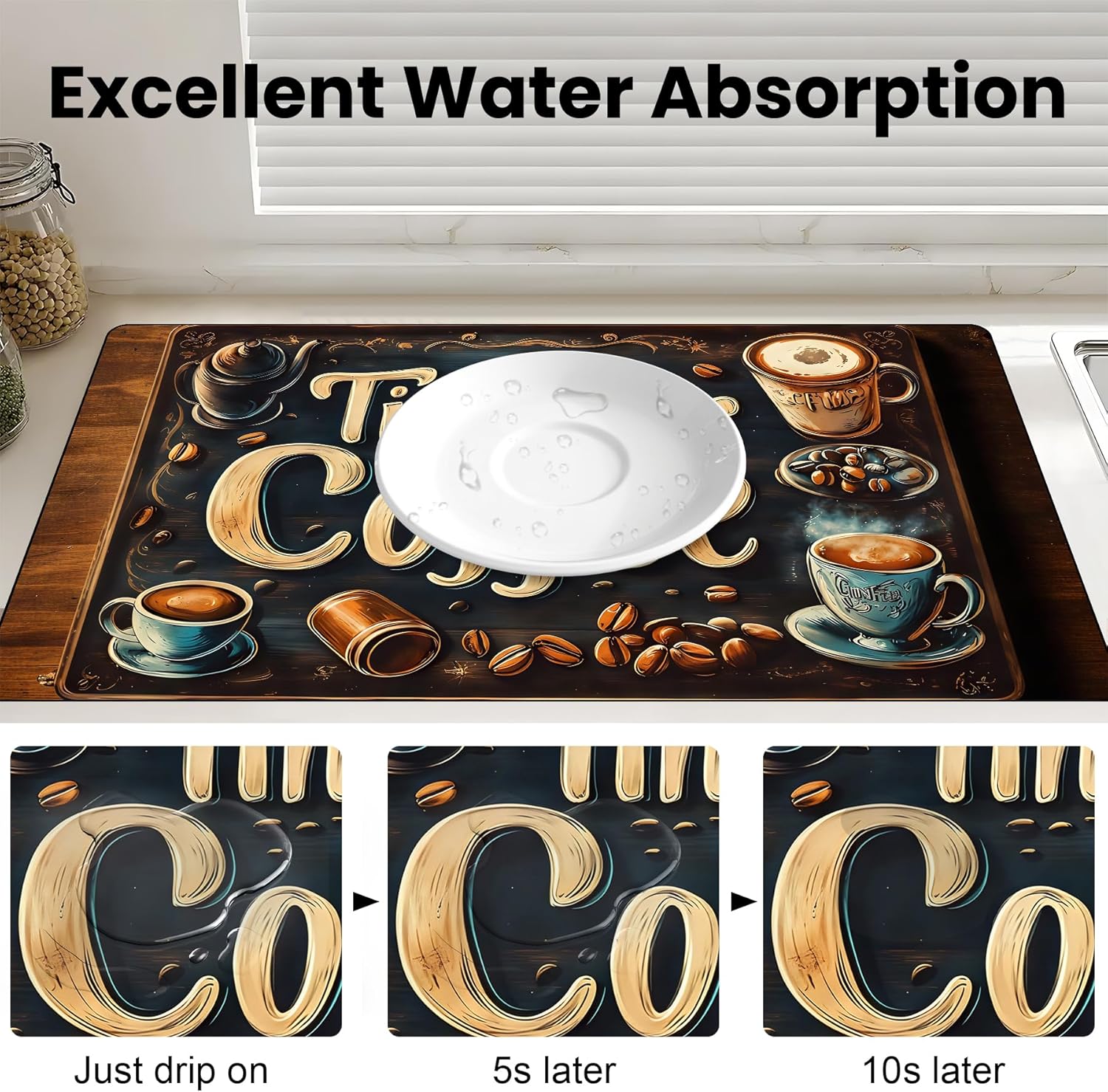 17"x 32" Coffee Bar Mat, Coffee Time Absorbent Dish Drying Mat Cuttable Hide Stain Draining Table Pad for Kitchen Counter, Coffee Bar Accessories