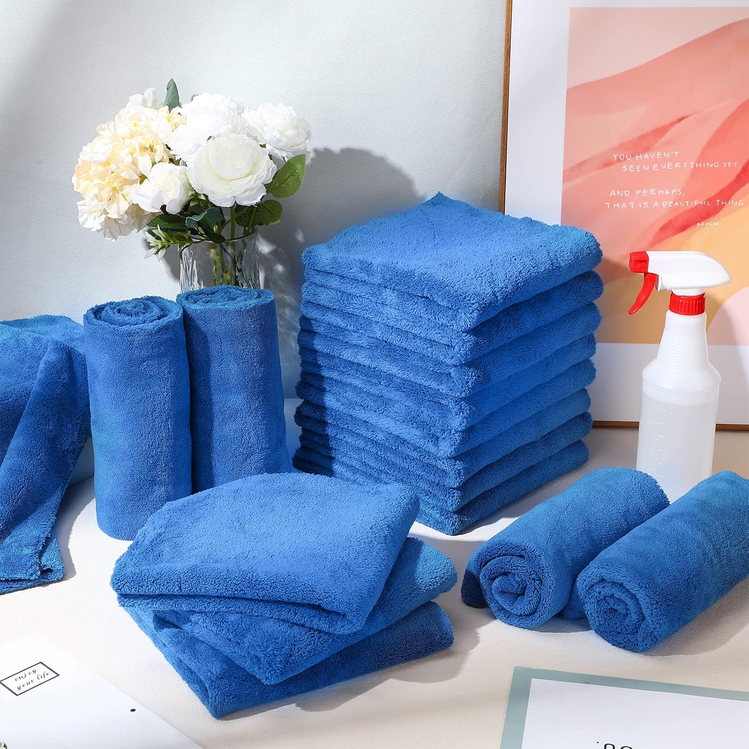 Shimeyao 30 Pcs Edgeless Microfiber Plush Towels for Cars Detailing Drying Wash Polishing Absorbent Cleaning Cloths, 500 GSM, 16 x 16 Inch(16 x 16 Inch,Dark Blue,30 Pcs)