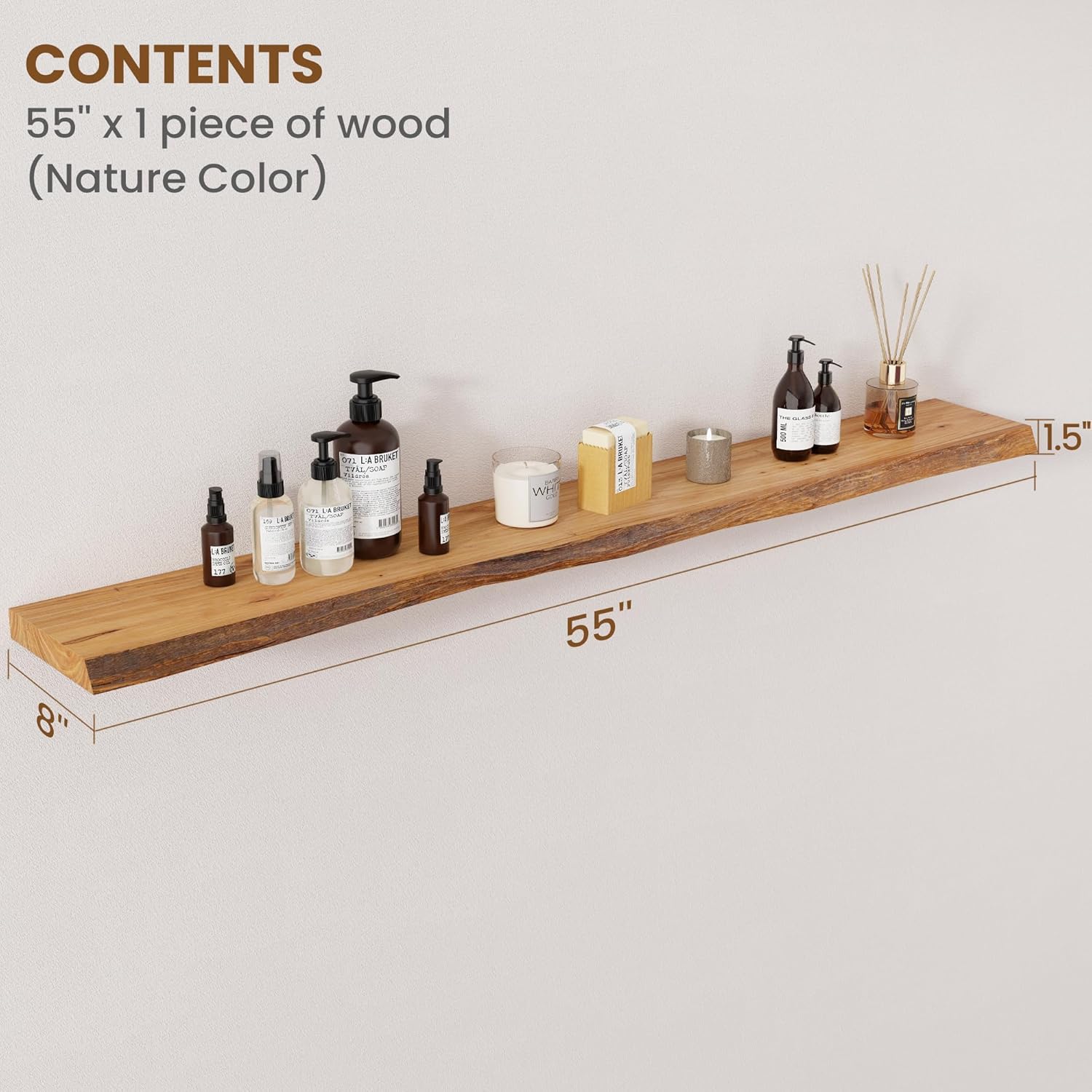 Floating Shelves for Wall Decor, Rustic Solid Elm Wood Live Edge Floating Shelves Wall Mounted, Wall Shelves with Invisible Bracket for Living Room Bathroom Bedroom Kitchen, 55 Inch, Natural