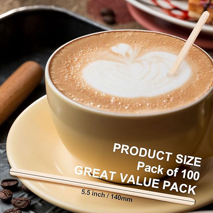 ANTETOK Wooden Coffee Stirrers - Coffee Stir Sticks 5.5 Inch,100pcs Disposable Swizzle Sticks,Swizzle Drink Sticks for Coffee,Tea,Cocktail and Hot Chocolate
