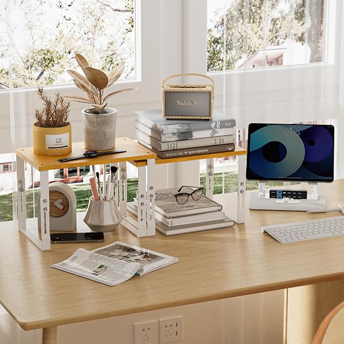 Expandable Kitchen Cabinet Organizer Shelves – Stackable Adjustable Metal and Wood Storage Racks for Countertop, Pantry, Garage Set of 2 Spice Rack – Easy Assembly, Space-Saving(2 Packs/Medium/White)