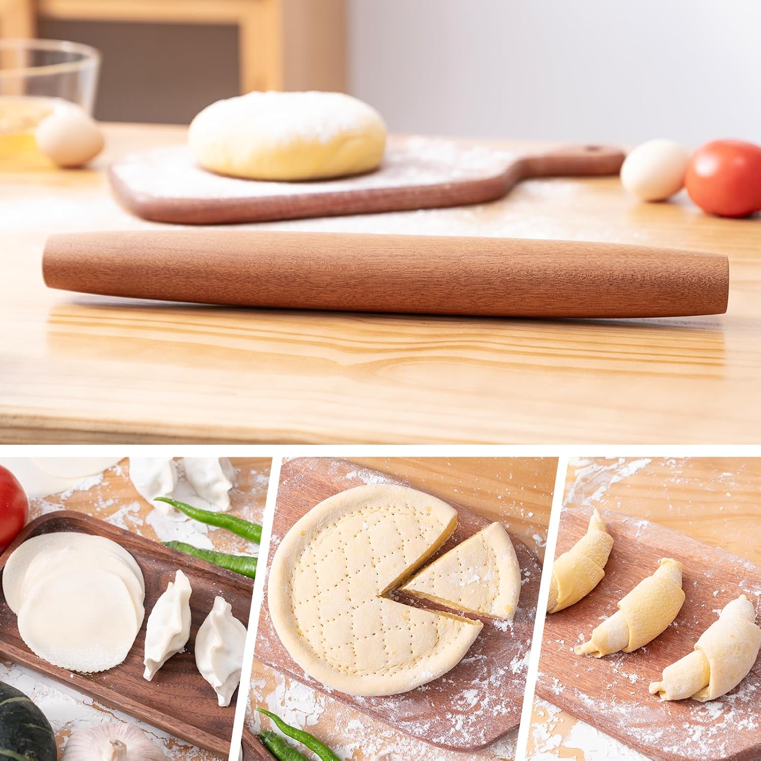AISOSO French Rolling Pin, 15.75 Inches Wood Rolling Pins for Baking, Extra Long Classic Wooden Dough Roller for Fondant Pizza Pie Crust Cookie Pastry, Kitchen Baking Essentials, Brown