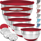 Priority Chef 6Pc Large Mixing Bowls With Lids Set with Non-Slip Bases, Stainless Steel Mixing Bowl Set, 6 Airtight Lids and 3 Graters, Red