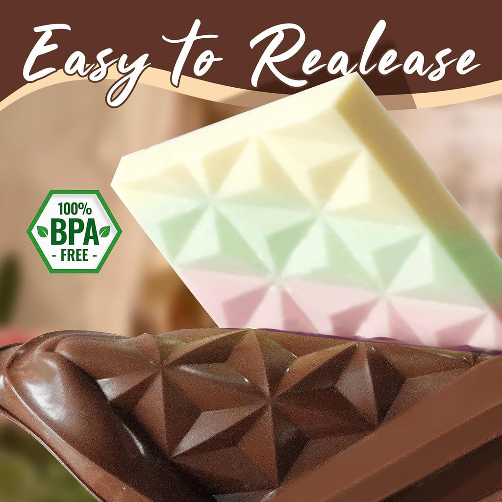 HKNMTT Chocolate Bar Mold Silicone, Large Stuffed Dubai Pistachio Deep Bar Moulds Kit 0.85 Inch Thick Big, Ideal for Homemade Making Candy Bar Bpa Free DIY Diamond Grid 2PCS