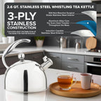 Viking 3-Ply Stainless Steel Tea Kettle, 2.6 Quart Stovetop Hot Water Pot with Tempered Glass Lid, Ergonomic Handle, Induction Ready, Mirror Finish