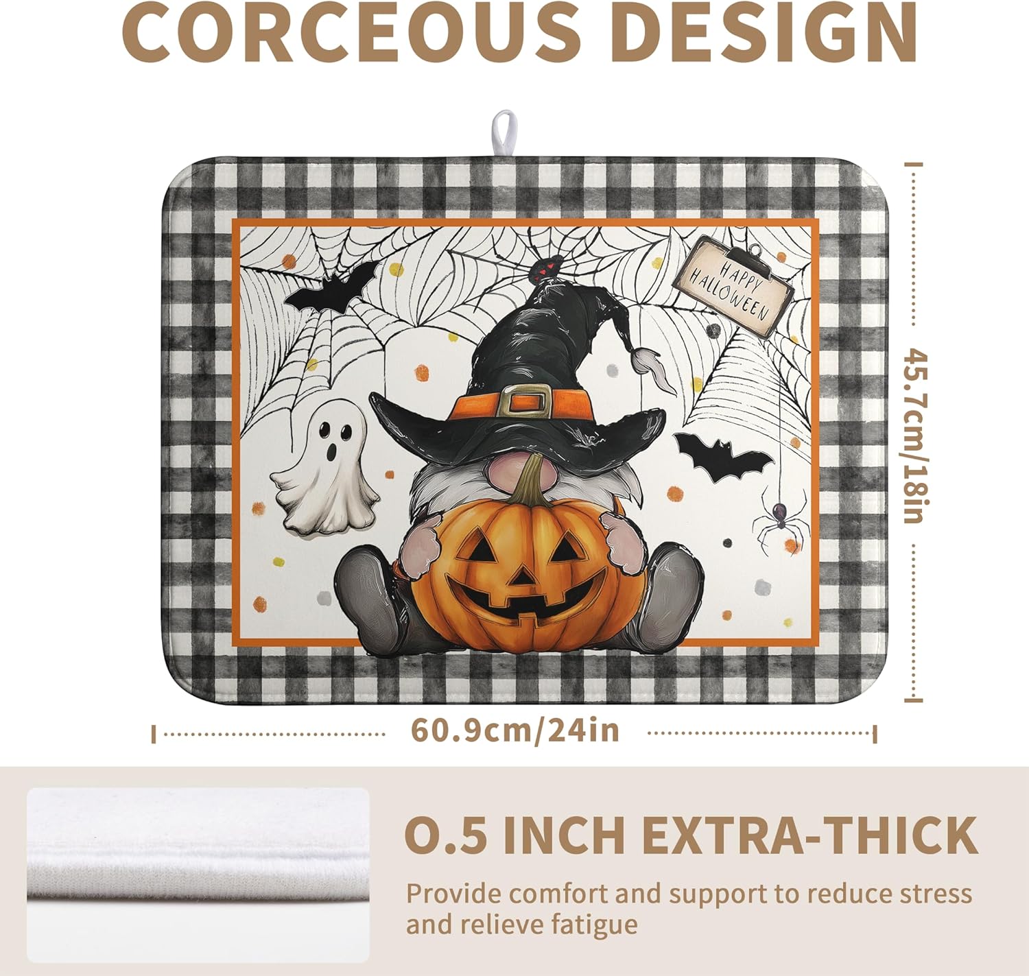 Halloween Gnomes Dish Drying Mat Bats Pumpkins Large Kitchen Mats Dish Drying Pad Buffalo Plaid Absorbent Dish Dryer Mat for Kitchen Countertops Microfiber Drainer Pad Dish Drying Mats (18x24 in)