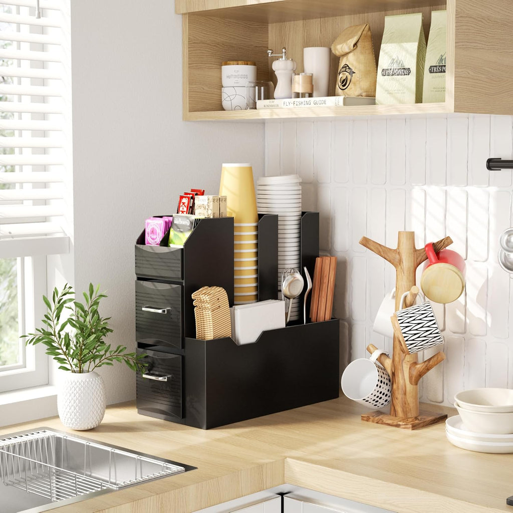 SZQINJI Coffee Condiment Organizer 11-Compartment Breakroom Coffee Station Organizer Countertop Cup Storage with 2 Drawers Black