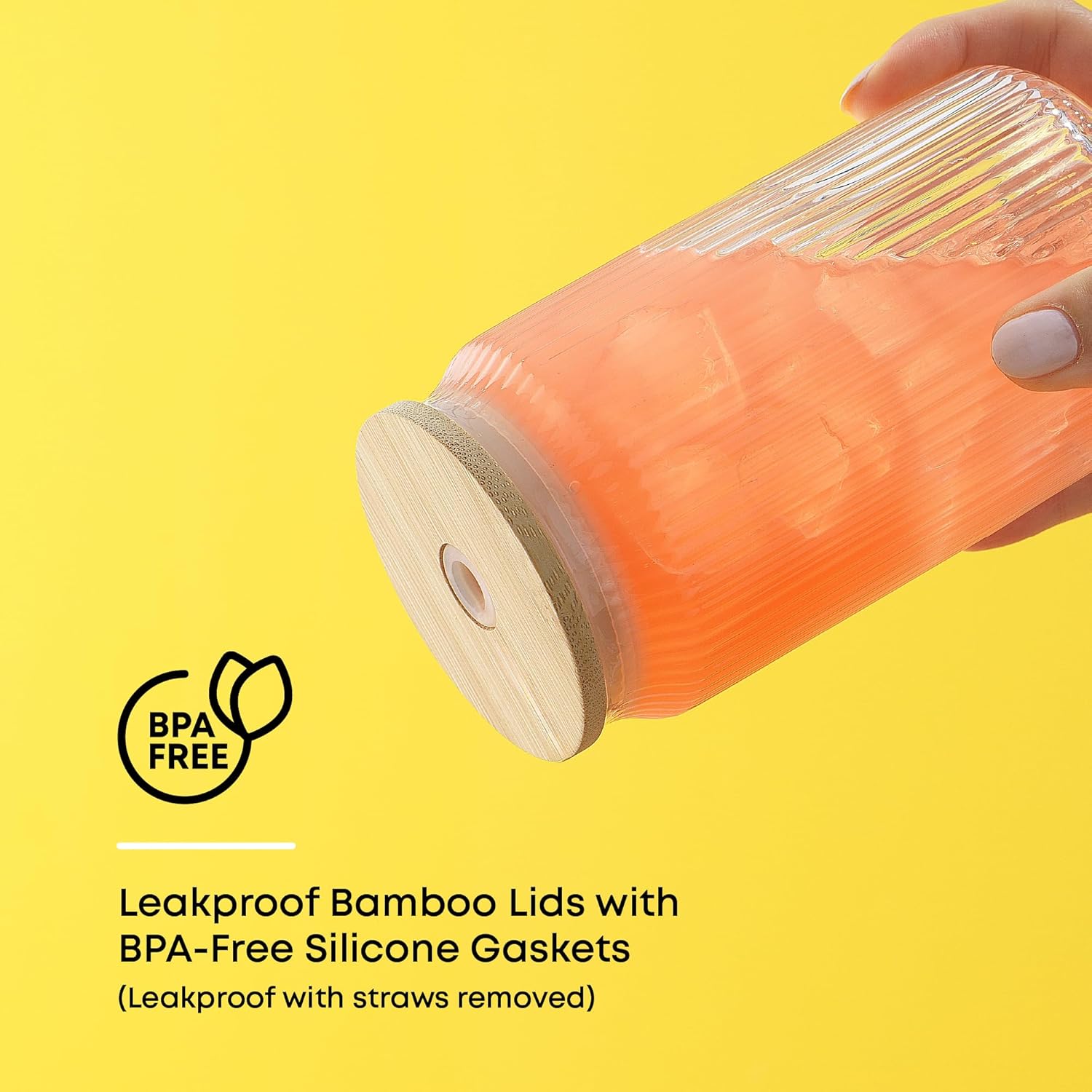 JoyJolt Fluted Glass Tumblers with Bamboo Lids and Glass Straws, Ribbed Can Shaped Drinking Glasses Set of 4, 16oz Cup with Lids and Straws, Iced Coffee Cups, Cocktail/Beer Glasses, Tea Cups