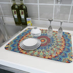 Bohemian Mandala Dish Drying Mat for Kitchen Counter Boho Ethnic Drying Mat 18 x 24 Inch with High Absorbent Reversible Microfiber Dish Drying Pad Dish Rack Pad Drainer Mat for Coffee Bar