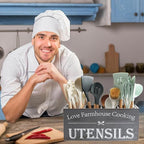 Kitchen Utensil Holder,Farmhouse Wooden Utensil Holder For Kitchen Counter,Extra Large Cooking Spatula Organizer,Big Storage With 4 Compartments Flatware Spoon Tool Cutlery（Grey）