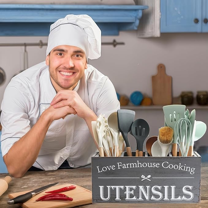 Kitchen Utensil Holder,Farmhouse Wooden Utensil Holder For Kitchen Counter,Extra Large Cooking Spatula Organizer,Big Storage With 4 Compartments Flatware Spoon Tool Cutlery（Grey）