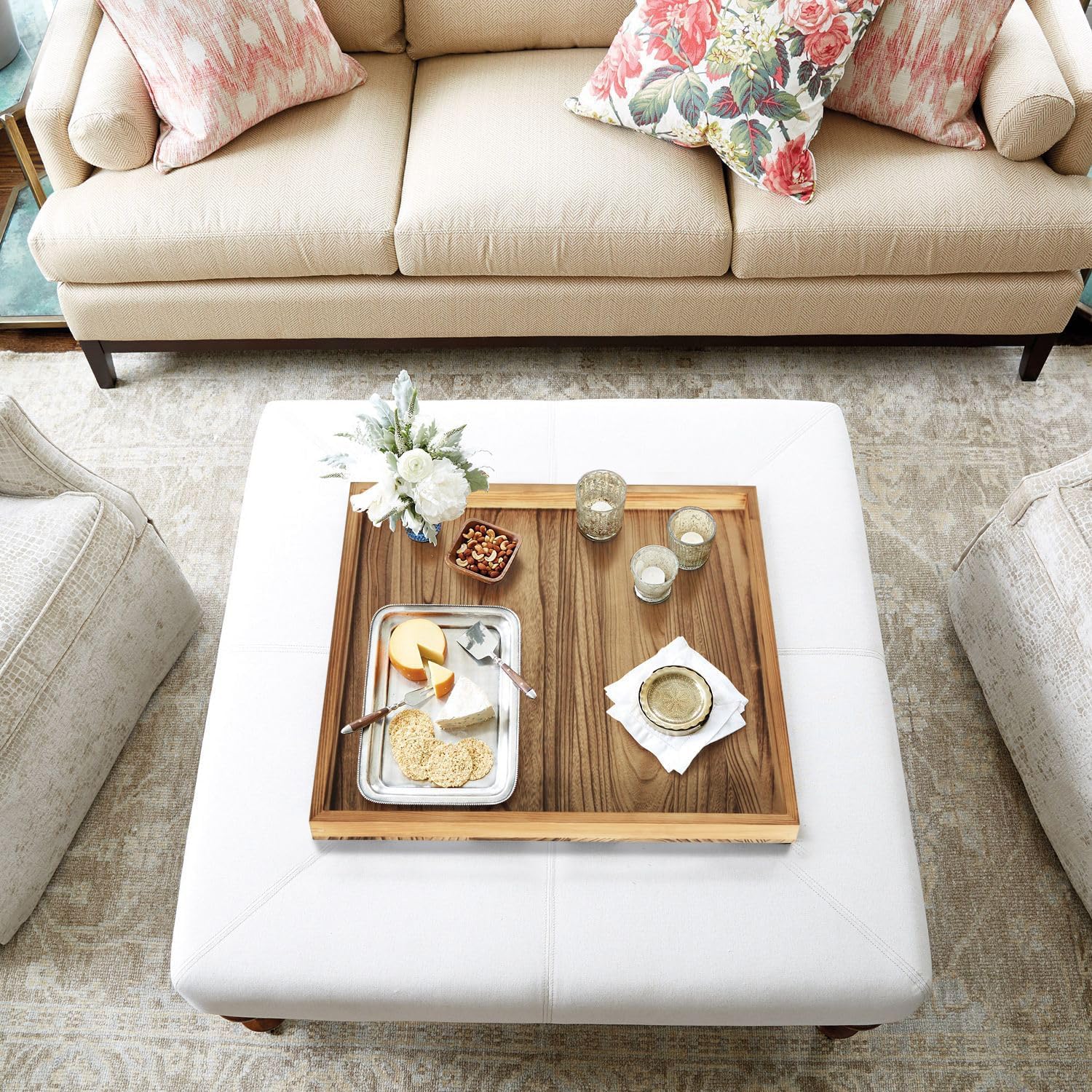 Square Ottoman Table Tray 24" - Rustic Wooden Serving Tray for Farmhouse Decorative Oversized Coffee Table Trays Living Room Kitchen Counter Breakfast Nature