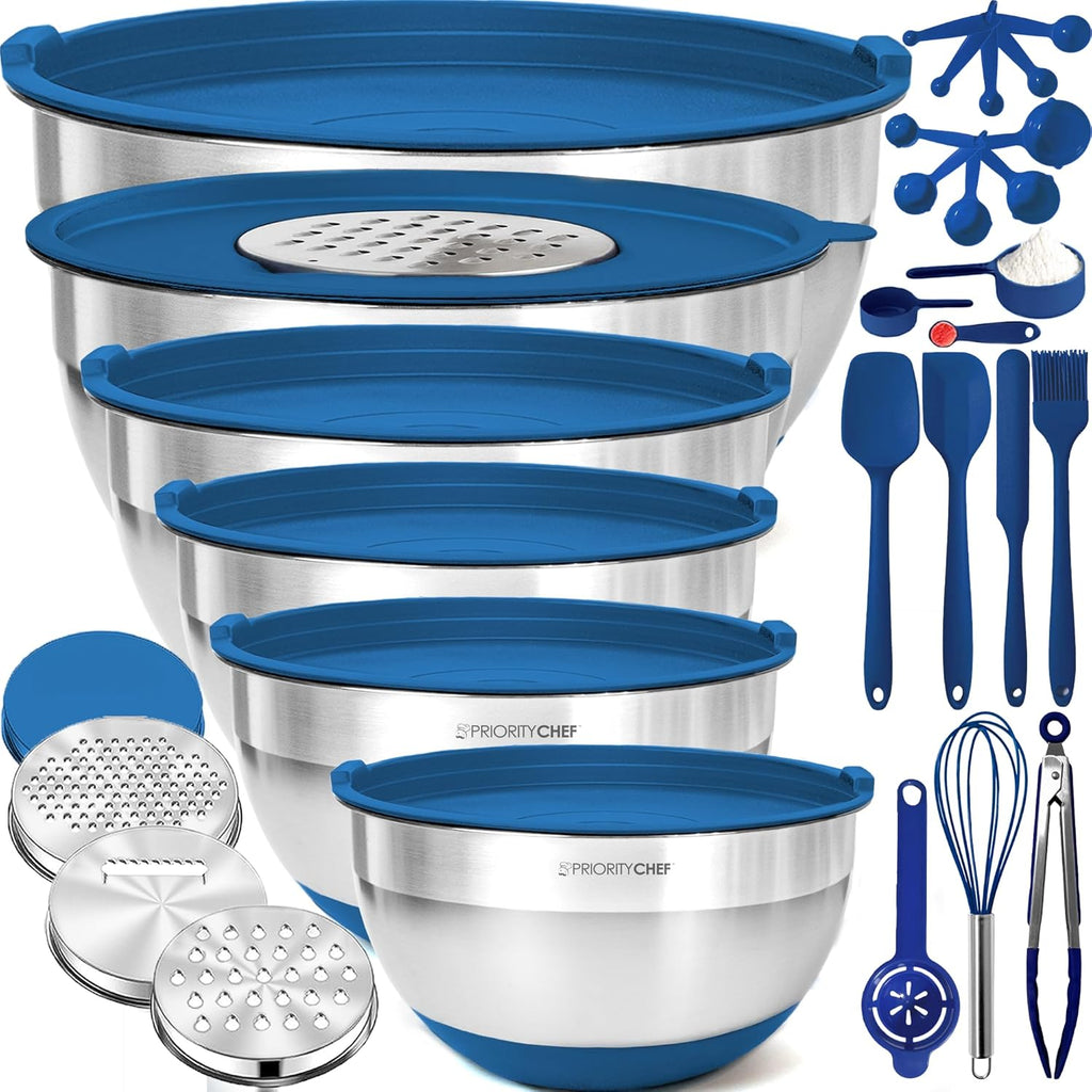 Priority Chef Stainless Steel Mixing Bowls with Lids Set - Premium 30Pcs with 6pc Metal Bowl Set for Kitchen, 3 Graters, Airtight Lids, Non-Slip Bases & Silicone Utensils, Blue