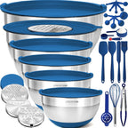 Priority Chef Stainless Steel Mixing Bowls with Lids Set - Premium 30Pcs with 6pc Metal Bowl Set for Kitchen, 3 Graters, Airtight Lids, Non-Slip Bases & Silicone Utensils, Blue
