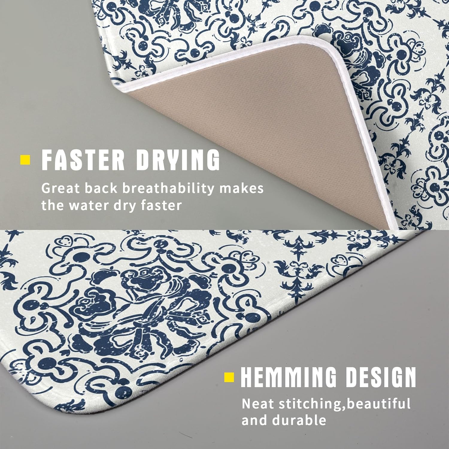 Bohemian Grey Retro Dish Drying Mat for Kitchen Counter,Boho Abstract Flower Art Drying Mat 16 x 18 Inch Microfiber Dish Drying Pad Dish Rack Pad Drainer Mat for Coffee Bar