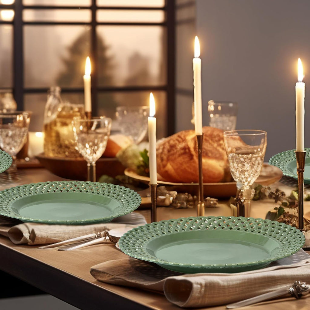 Graceful Basketweave Wide Rim 12 inch Dinner Plates, Extra Large Round Platter Scallop Serving Tray Set of 4, for Restaurant, Kitchen, Party, Home, Wedding, Gift, Microwave Dishwasher Safe, Sage Green