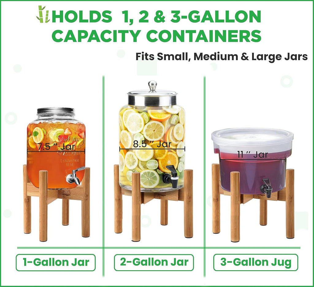 Drink Dispenser Stand - Use to Hold Dispensers for Drinks, Beverages, Lemonades and Juices - Adjustable Sideways, Fits Various Jug Sizes Up to 11.5-inch Wide [1-2 Gallons] - Bamboo Wood