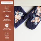 Maison d' Hermine 100% Cotton Oven Mitt & Pot Holder Set (7.5"x13" & 8"x8") Heat Resistant BBQ Cooking Gloves with Loop, Baking, Grilling, Kitchen, Handling Hot Pans (Pumpkin Blues)