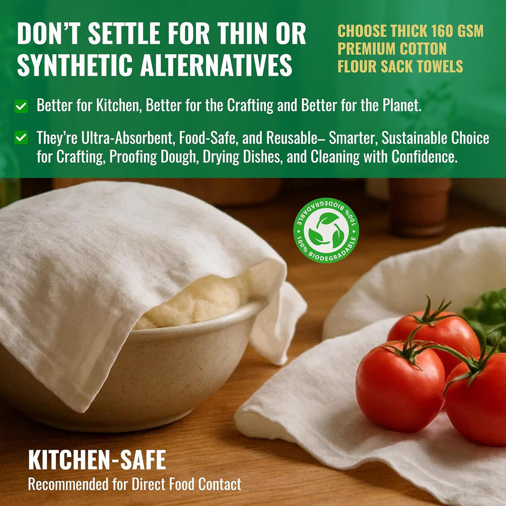 Flour Sack Towels | Tea Towel for Crafts| Kitchen Dish Cotton Blank Towel for Embroidery| Baking Bread Proofing Linen Cover| Thick Absorbent Quick Dry| 6 Pack 18"x 28" Natural