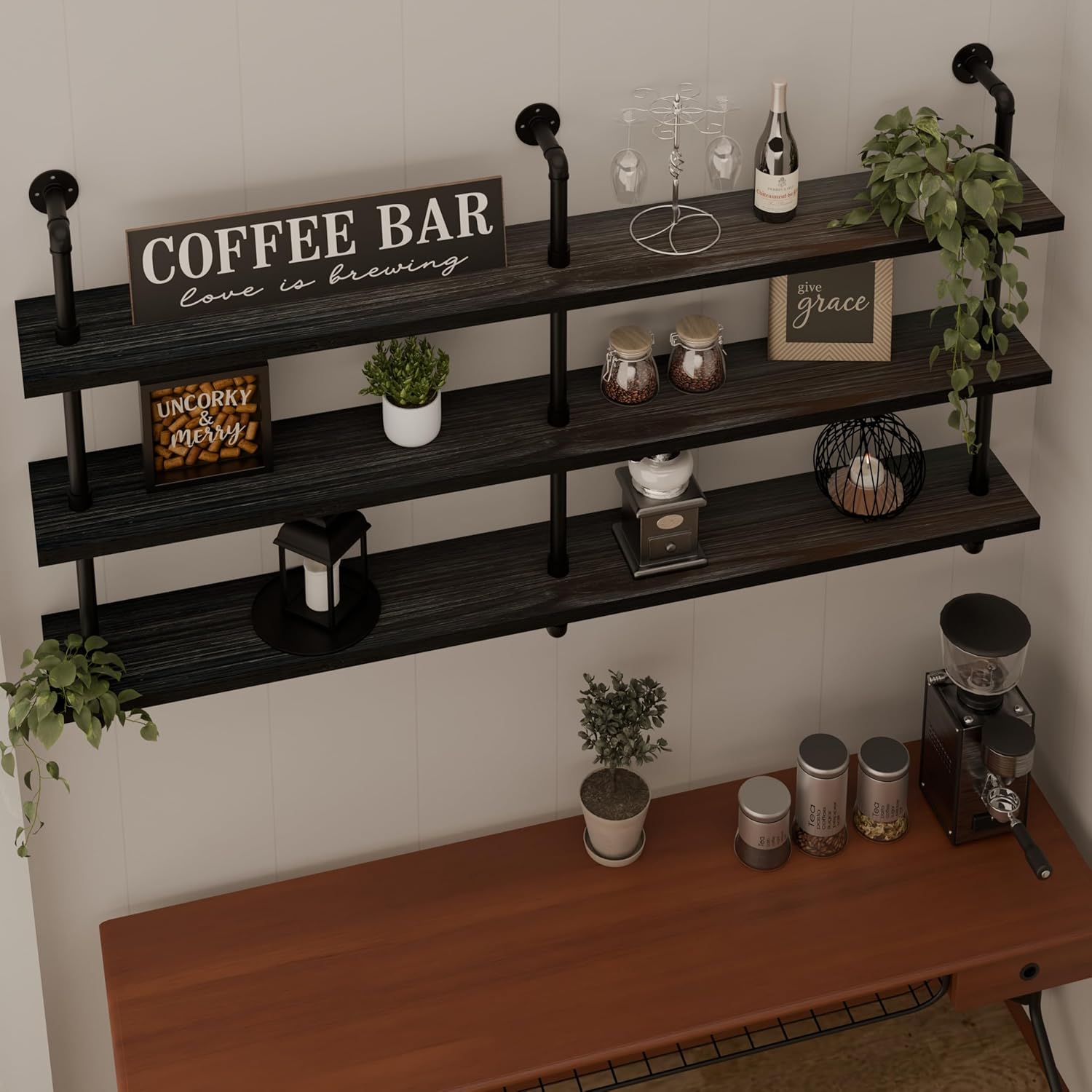 Industrial Pipe Shelving Rustic Black Pipe Wall Shelves Industrial Shelves with Wood Planks Floating Shelves 60 Inch Farmhouse Bathroom,Kitchen Shelving Wall Mounted