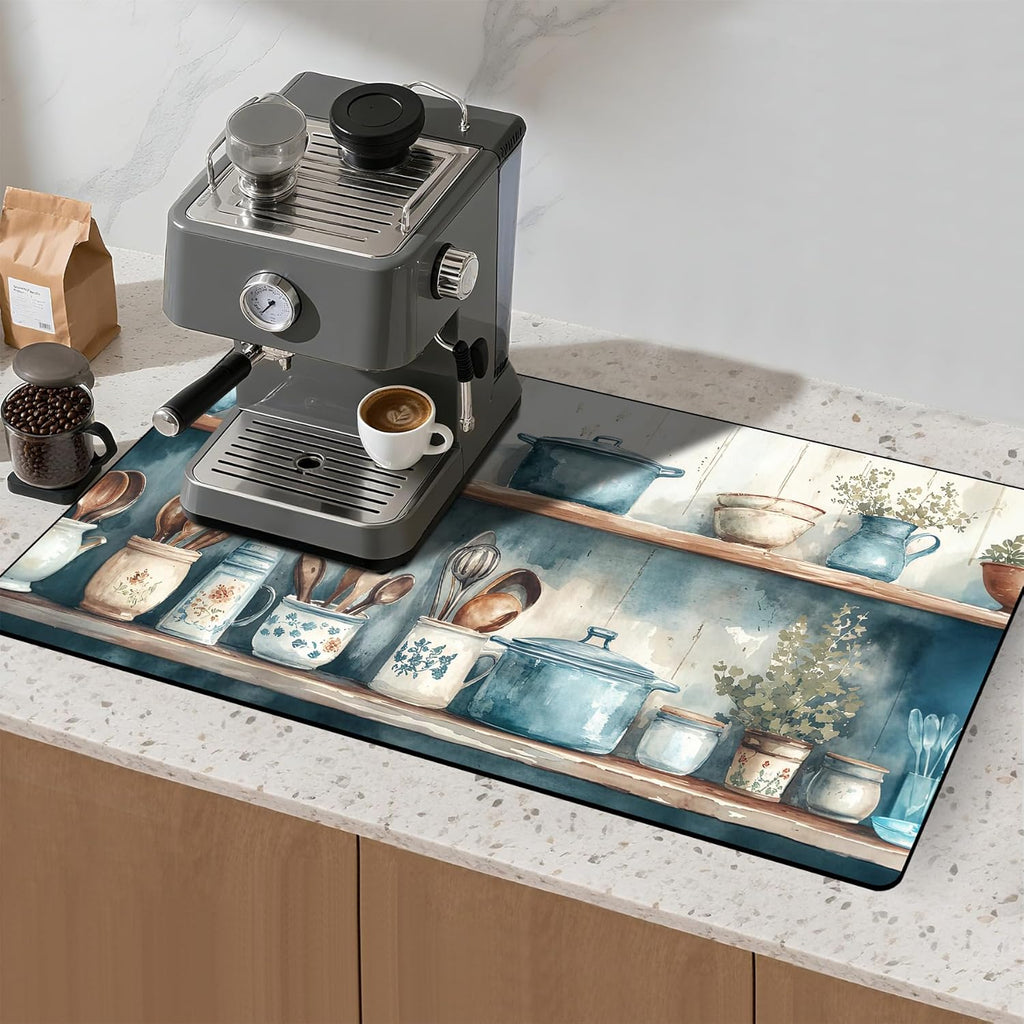 17"x 32" Coffee Bar Mat, Kitchen Shelves Absorbent Dish Drying Mat Cuttable Hide Stain Draining Table Pad for Kitchen Counter, Coffee Bar Accessories
