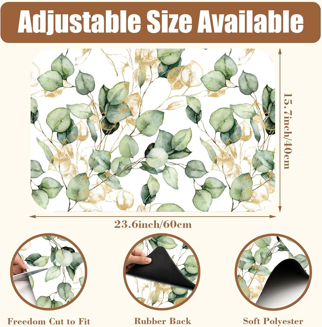 Gold and Green Eucalyptus Leaf Dish Drying Mat for Kitchen Counter Coffee Bar Mat Hide Stain Absorbent Rubber Backed Dish Drainer Rack Pad Coffee Pot Espresso Machine Accessories 15.7 x 23.6 Inch